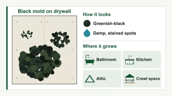Illustrated card describing black mold growth on drywall, how it looks and where it grows indoors
