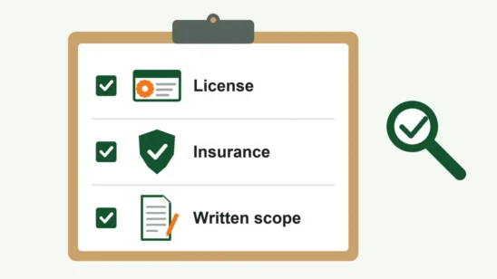 Illustrated verification checklist for choosing a mold remediation provider, covering license, insurance and written scope