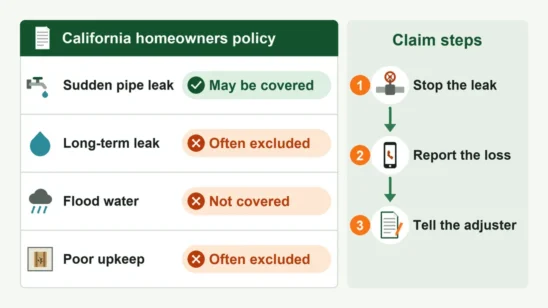 Table graphic of covered and not covered mold causes under a California homeowners policy, and the claim steps