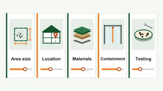 Illustrated cost-factor cards for mold remediation showing area size, location, materials, containment and testing