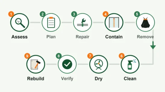 Numbered step diagram of the mold remediation process from assessment and containment to cleaning, drying and rebuild