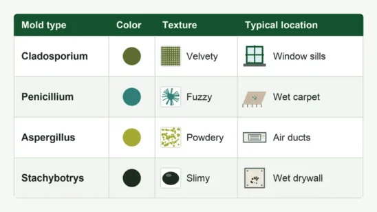 Illustrated chart of common household mold types and species, with color, texture and typical locations