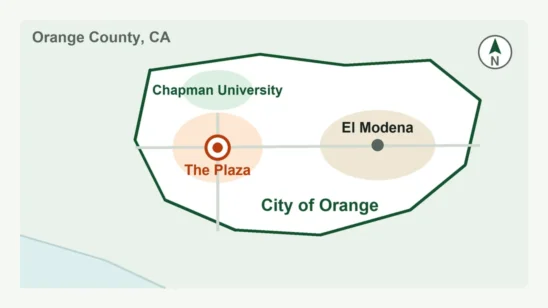 Map-style illustration of the City of Orange in Orange County, California, and its district areas